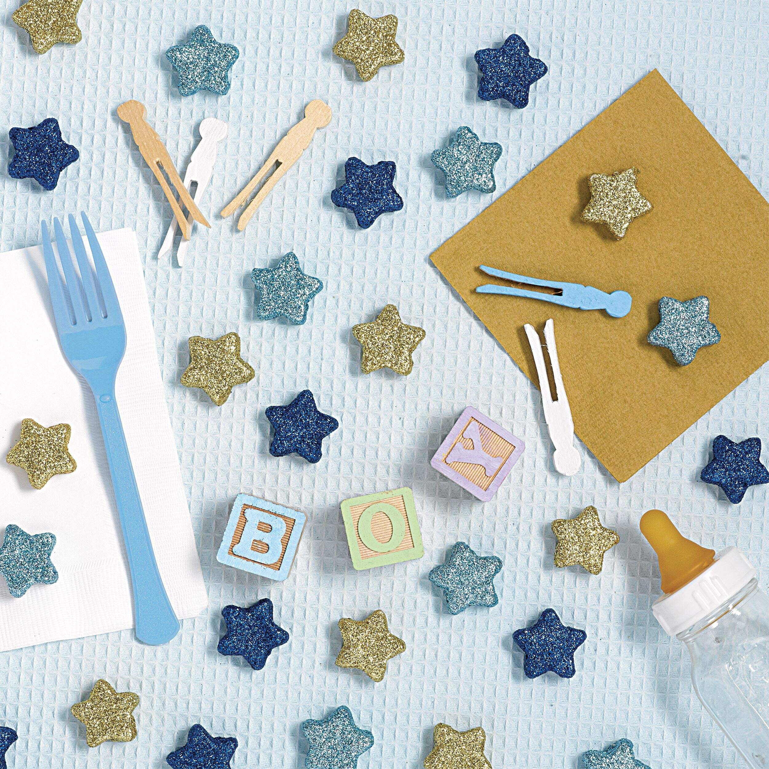 Stars Confetti Table Scatter Decoration, Blue/Gold, 40-pk, for Gender Reveal/Baby Shower Overhead_Flat