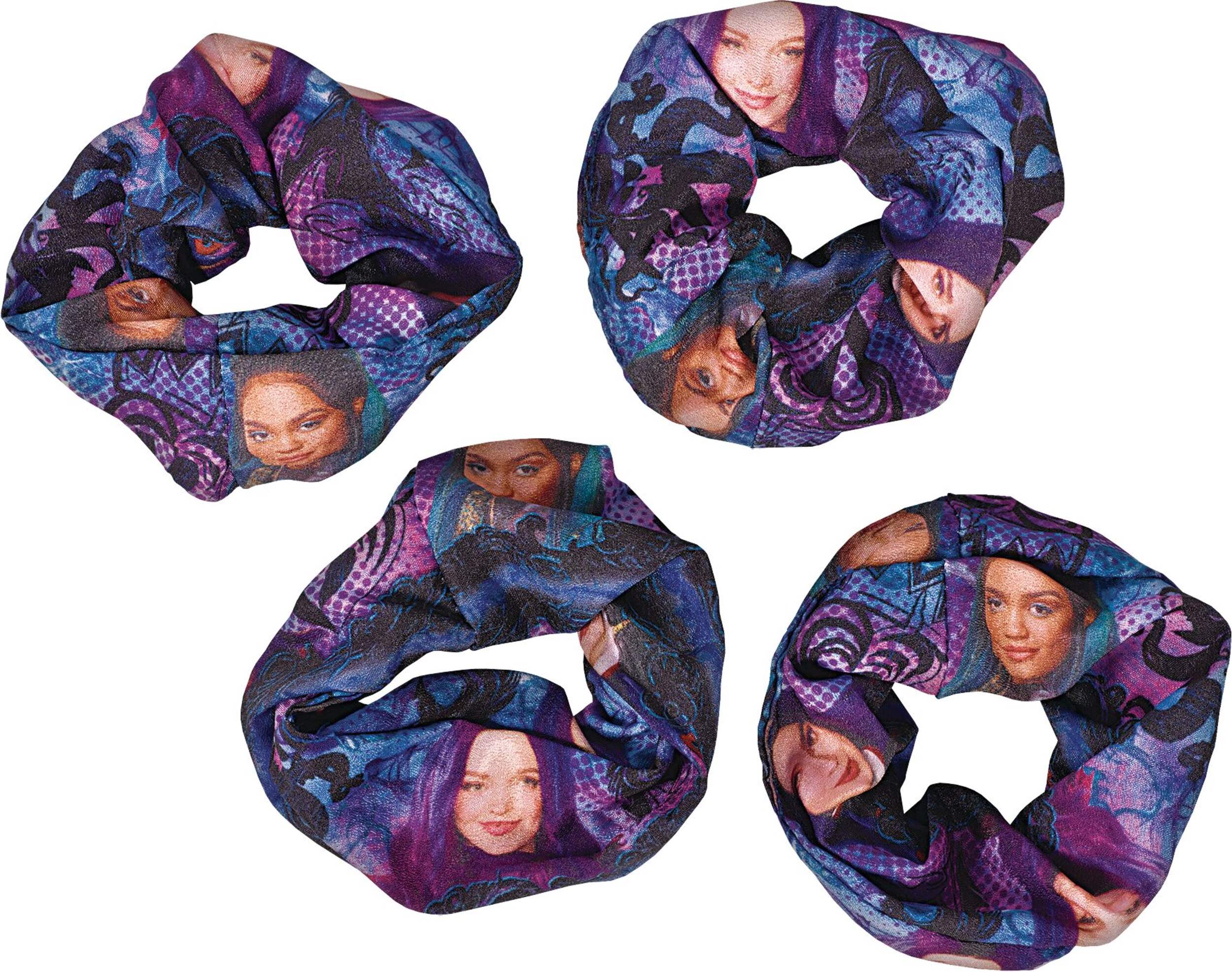 Disney Descendants Hair Tie Scrunchie Wearable Accessories, Purple/Blue, 4-pk, for Birthday Party Overhead_Flat