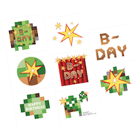 Pixel Party "B-Day" Video Game Assorted Temporary Tattoos, Green/Brown, 8-pk, Wearable Favours  for Birthdays Overhead_Flat