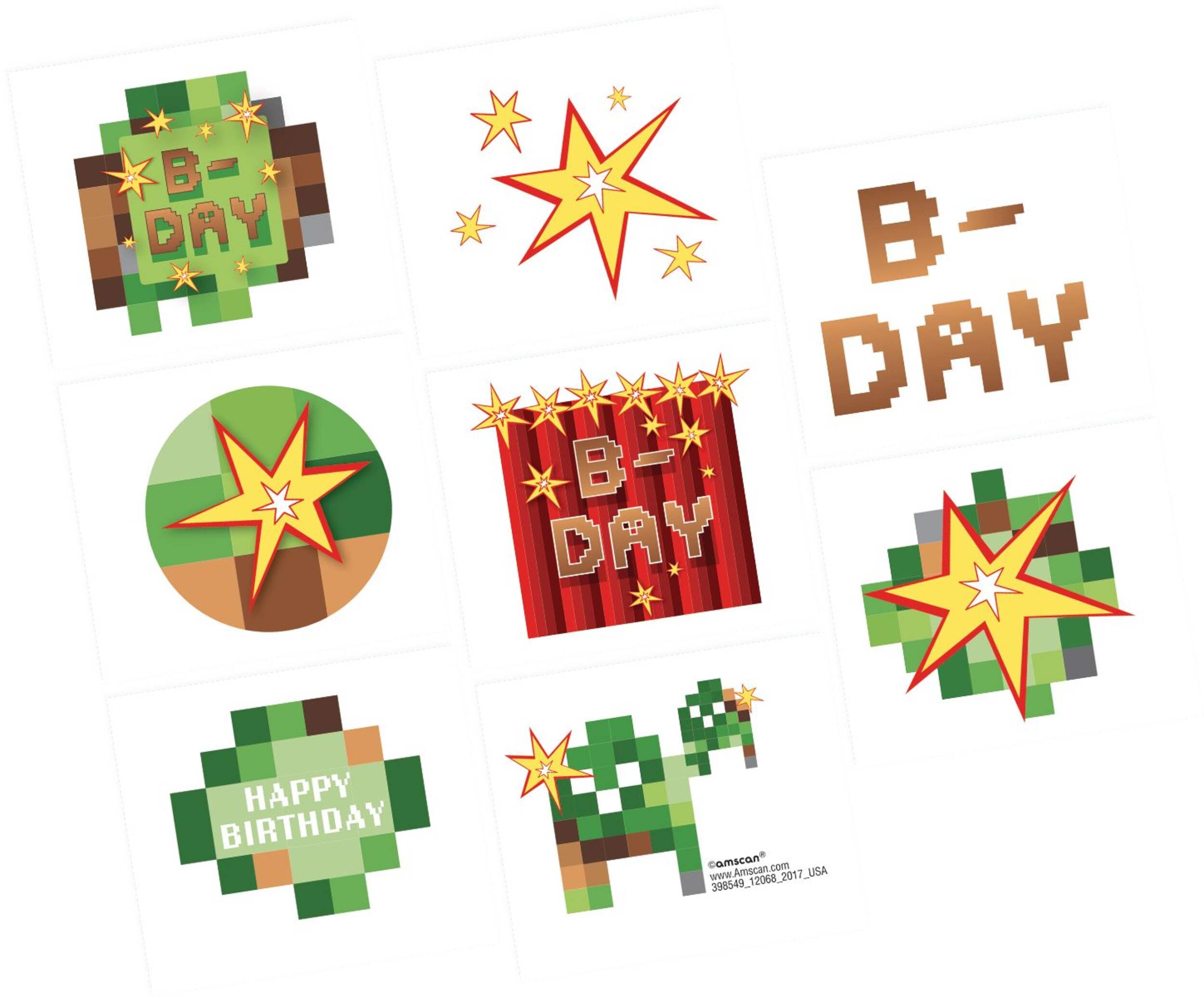 Tatouages temporaires variés B-Day Pixel Party, jeux vidéo, vert/brun, paq. 8, cadeaux-surprises à porter pour les anniversaires Overhead_Flat