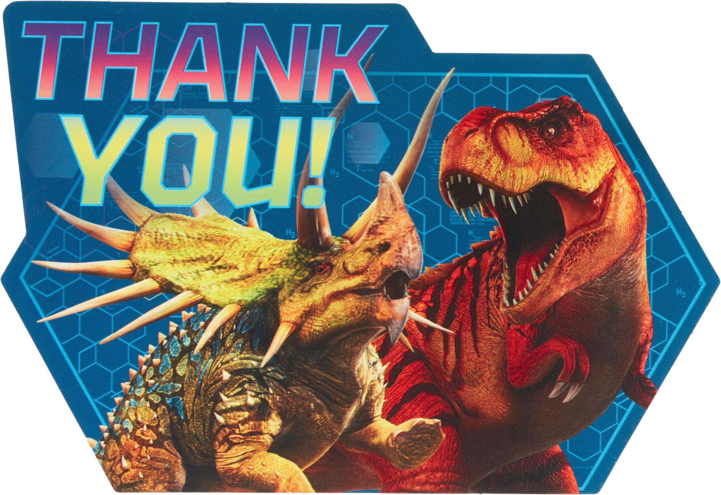 Cartes de remerciement pour fête d'anniversaire Monde jurassique, paq. 8 Front_Flat