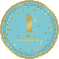 "1st Birthday" Round Paper Disposable Lunch Plates,Blue/Gold, 9-in, 8-pk, for Birthday Party Overhead_Flat