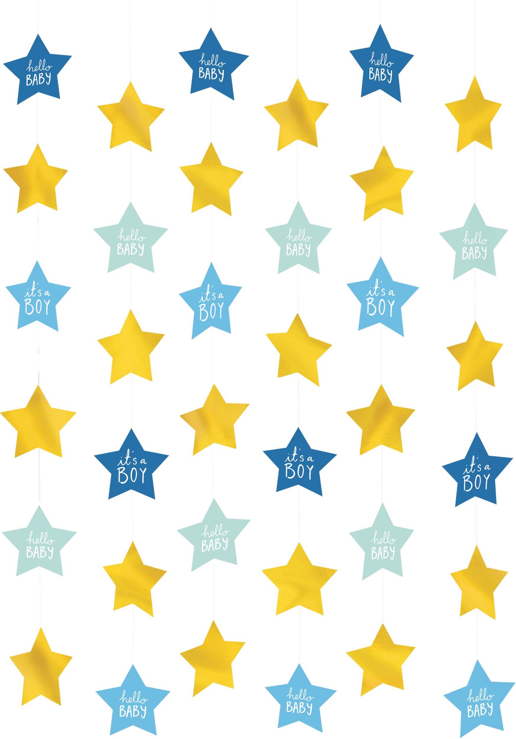 "It's a Boy" String Hanging Decorations, Gold/Blue, Stars, 7-ft, 6-pk, for Baby Shower Front_Flat