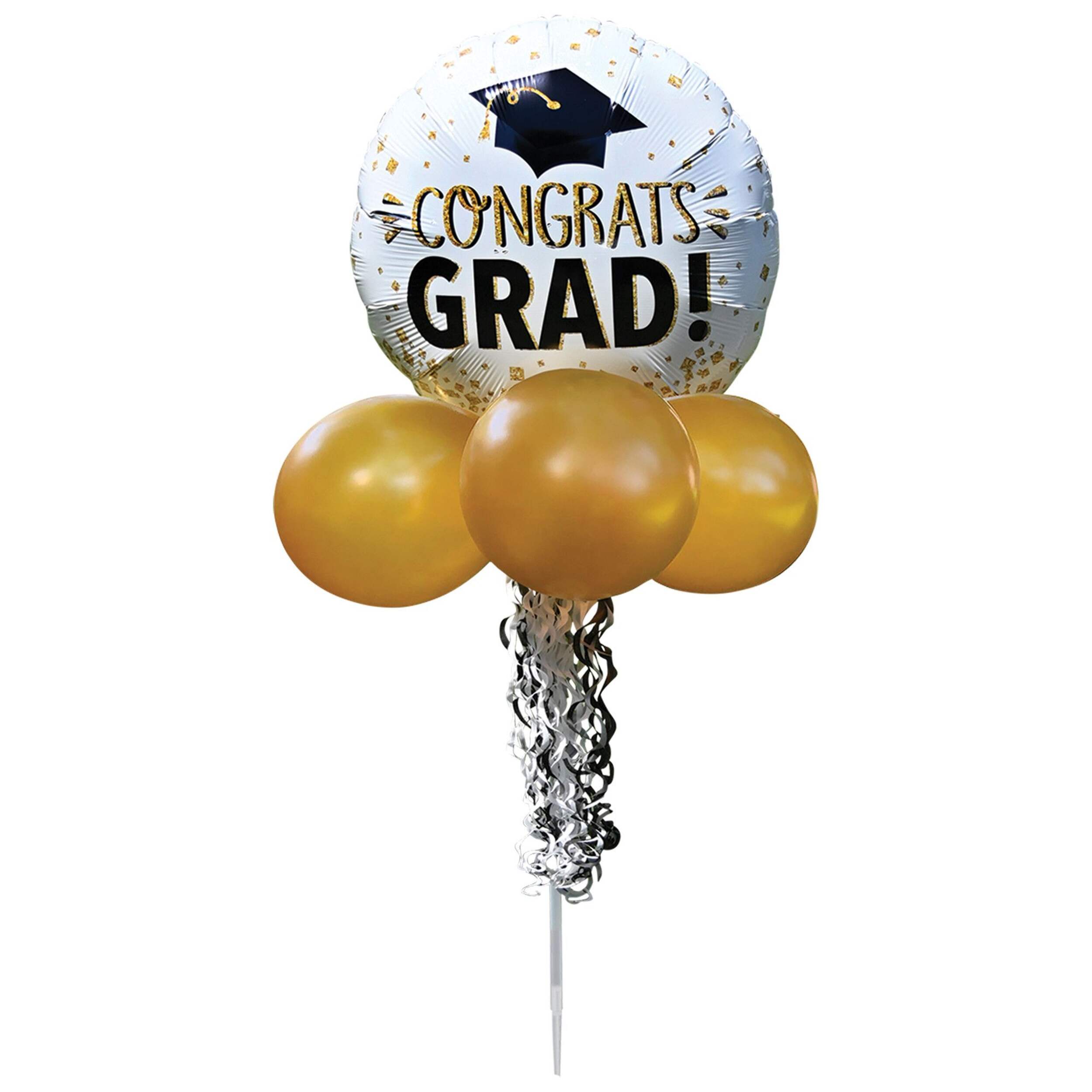 "Congrats Grad" Round Satin Foil Balloon Yard Sign with Latex Balloons & Fringe Tail, White, 21-in, Helium Inflation & Ribbon Included for Graduation Front_Flat