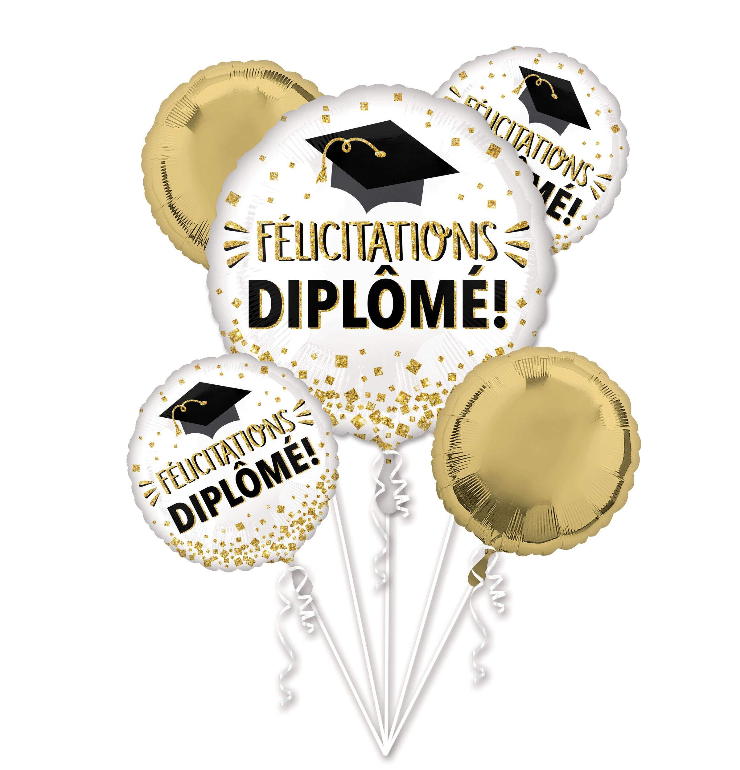 Bouquet de ballons en aluminium satiné rond français Félicitations Diplômé, blanc/or, paq. 5, gonflement à l'hélium et ruban inclus, pour remise des diplômes Front_Flat
