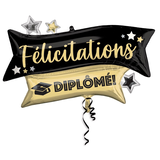 Ballon en aluminium satiné rectangle français Félicitations Diplômé, noir/or, 28 po, gonflement à l'hélium et ruban inclus, pour remise des diplômes Front_Flat