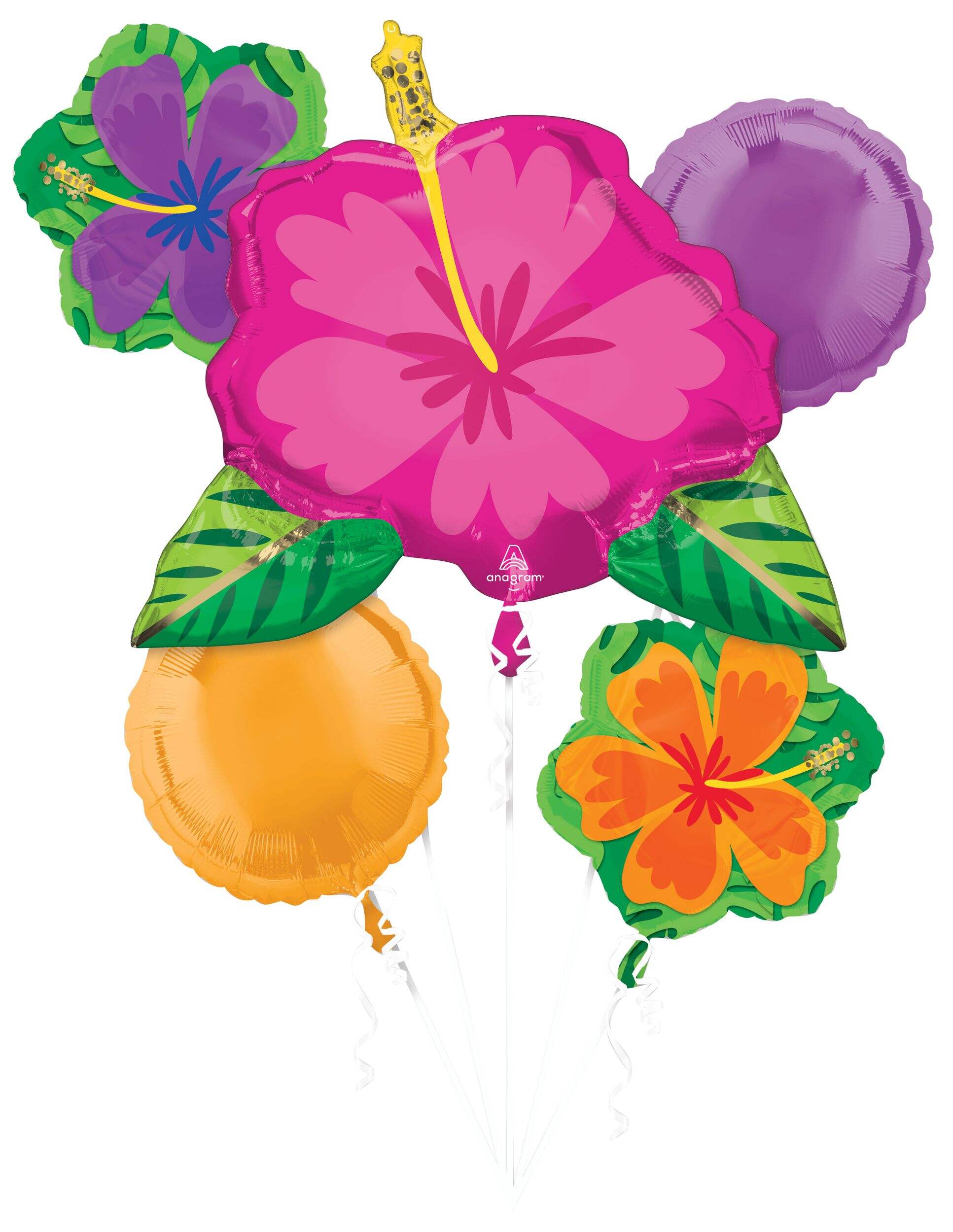 Hibiscus Flowers/Round  Satin Foil Balloon Bouquet, Pink/Purple/Orange, 5-pk, Helium Inflation & Ribbon Included for Summer/Luau/Tiki Front_Flat