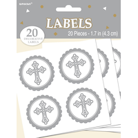 Sacraments Cross Round Decorative Labels, White/Silver, 1.7-in, 20-pk, for First Communion/Religious Party Front_Flat