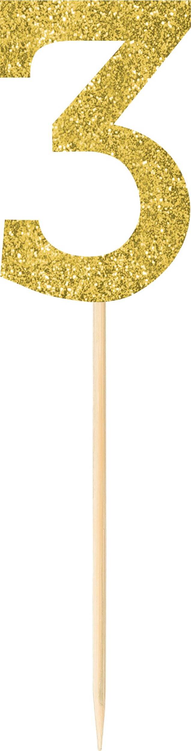 Glitter Number 3 Pick Signs, Gold, 7.5-in, 4-pk, for Birthday/Anniversary Front_Flat
