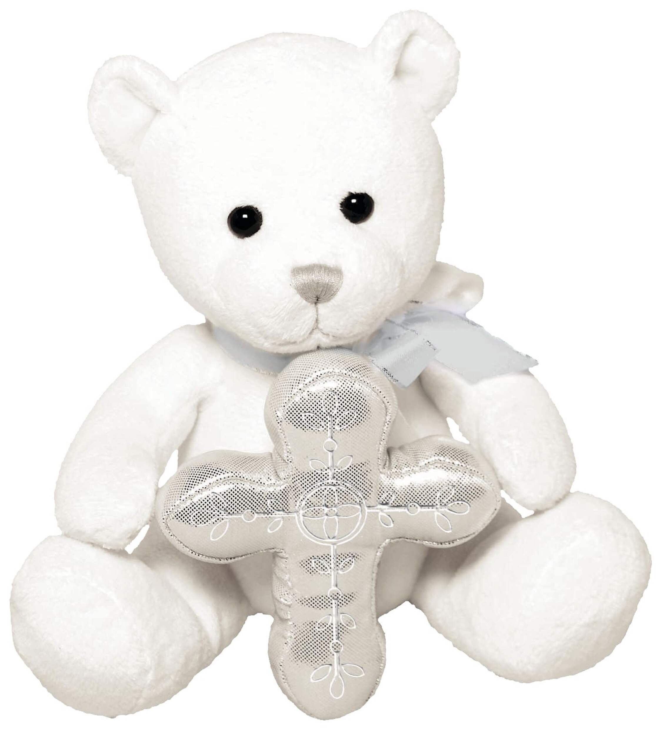 Bear & Cross Plush Toy, White, for First Communion/Religious Party Front_Elevated