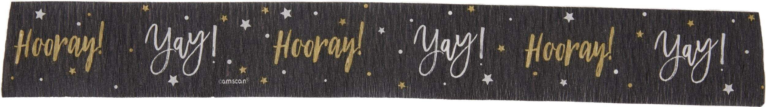 "Yay" Hanging Crepe Paper Streamer Decoration, Black/Gold, 81-ft, for Birthday/Graduation Front_Flat