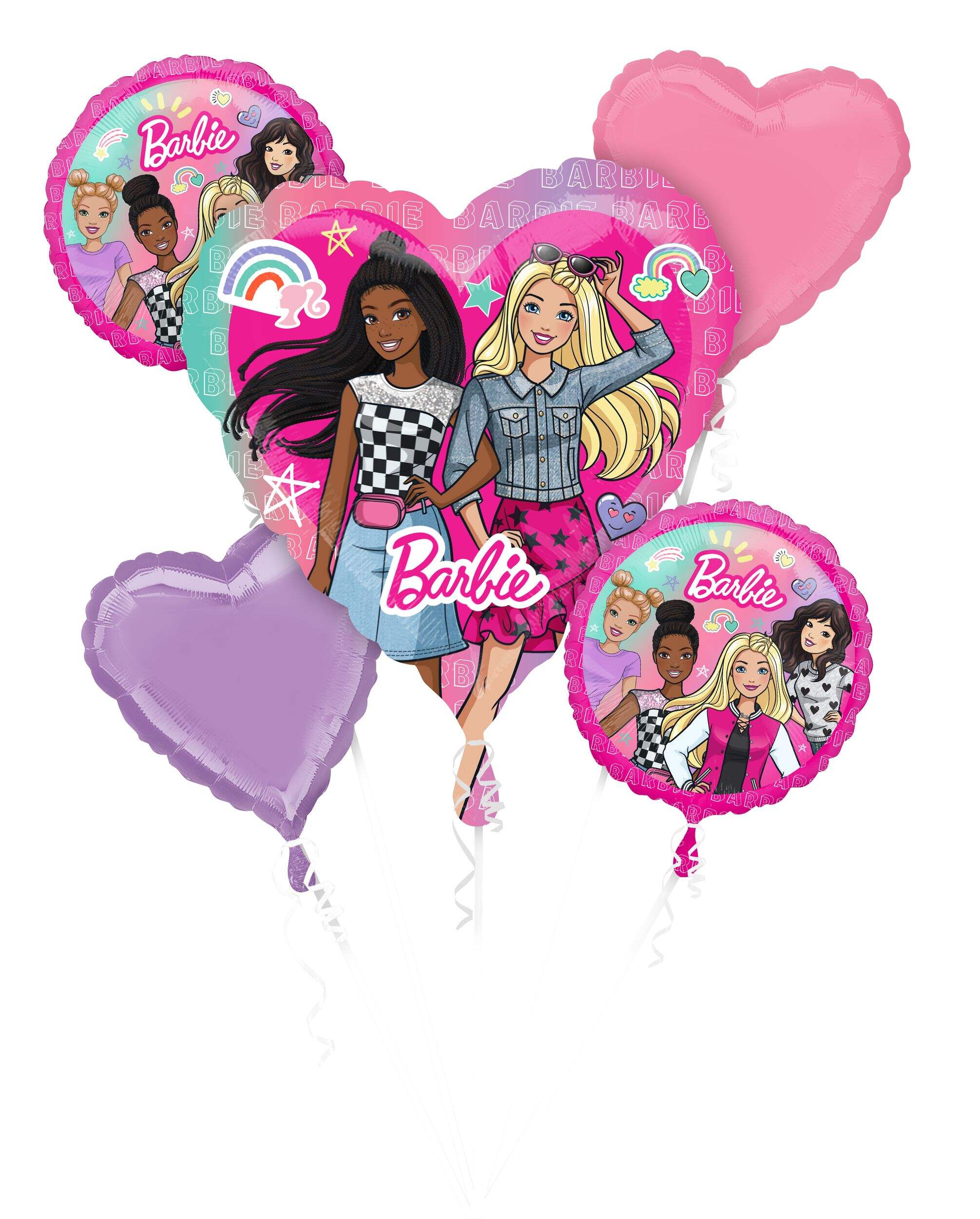 Bouquet de ballons en aluminium satiné coeur/rond Mattel Barbie, rose/mauve, paq. 5, gonflement à l'hélium et ruban inclus, pour fête d'anniversaire Front_Flat