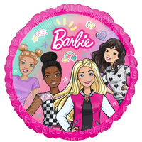 Mattel Barbie Round Satin Foil Balloon, Pink, 18-in, Helium Inflation & Ribbon Included for Birthday Party Front_Flat