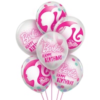 Ballon rond en latex Mattel Barbie Happy Birthday, transparent, confettis, rose, 12 po,paq. 6, pour fête d'anniversaire Front_Elevated