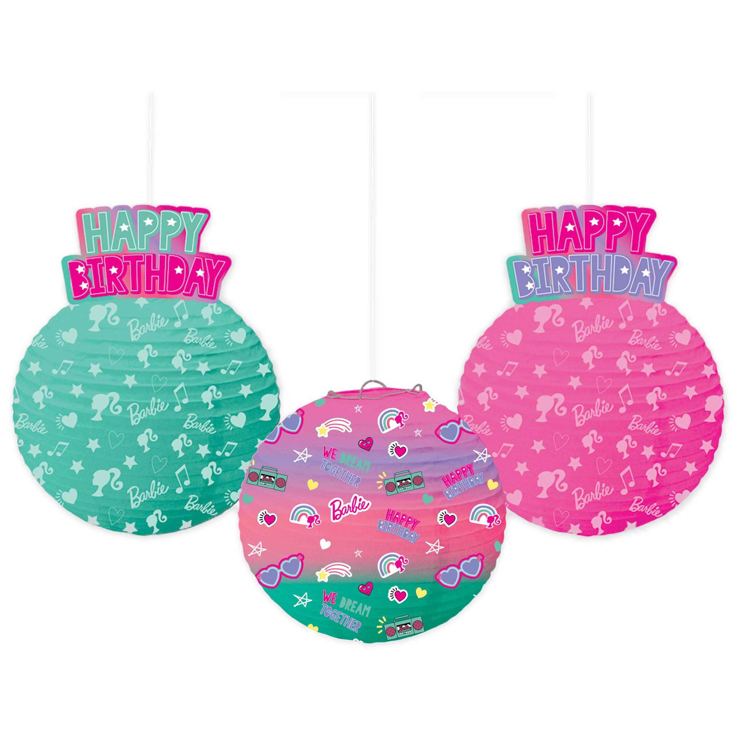 Mattel Barbie "Happy Birthday" Paper Lantern Hanging Decorations, Pink/Green, 9.5-in, 3-pk, for Birthday Party Front_Flat