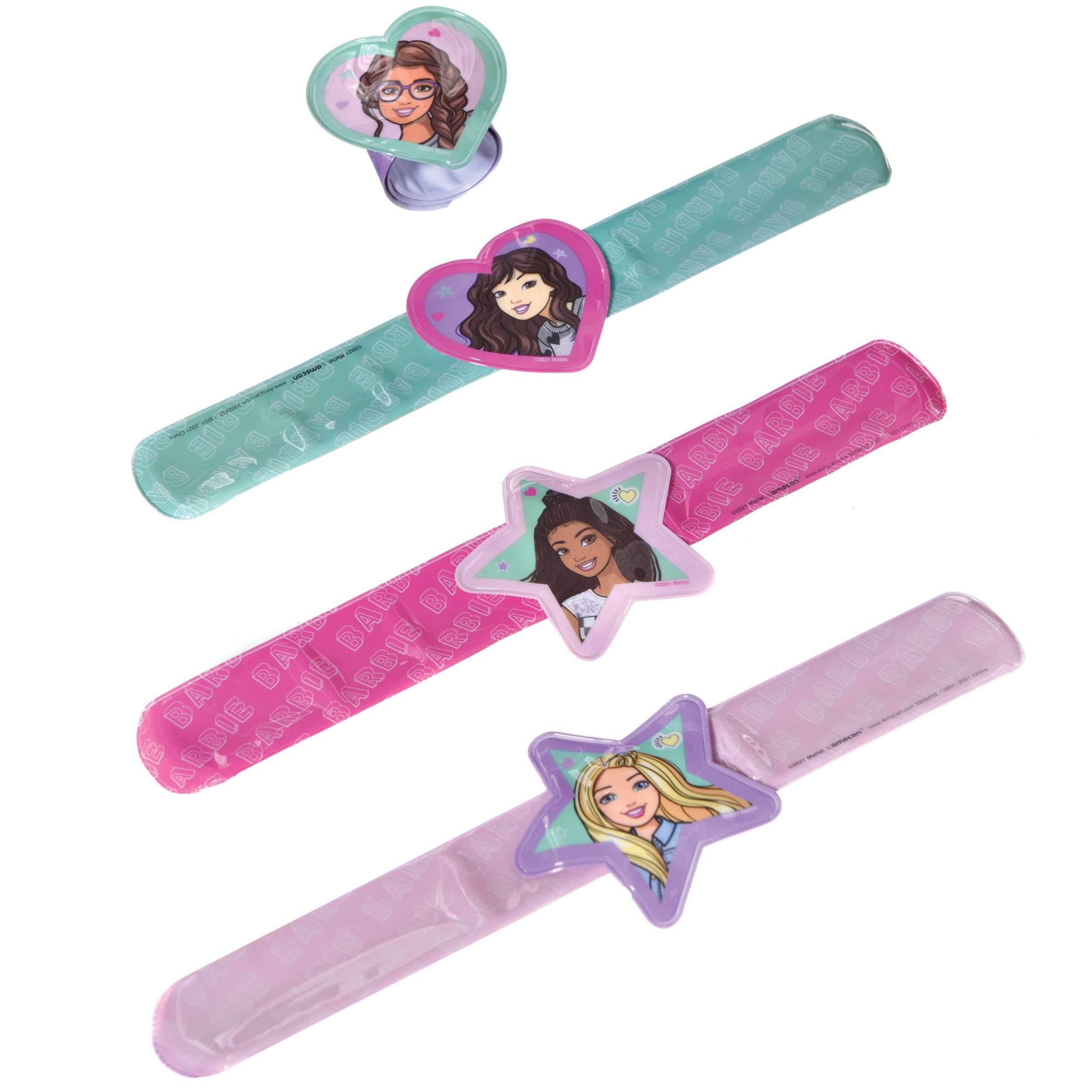 Mattel Barbie Slap Bracelet Wearables, Pink/Purple/Blue, 4-pk, for Birthday Party Front_Angled_Right