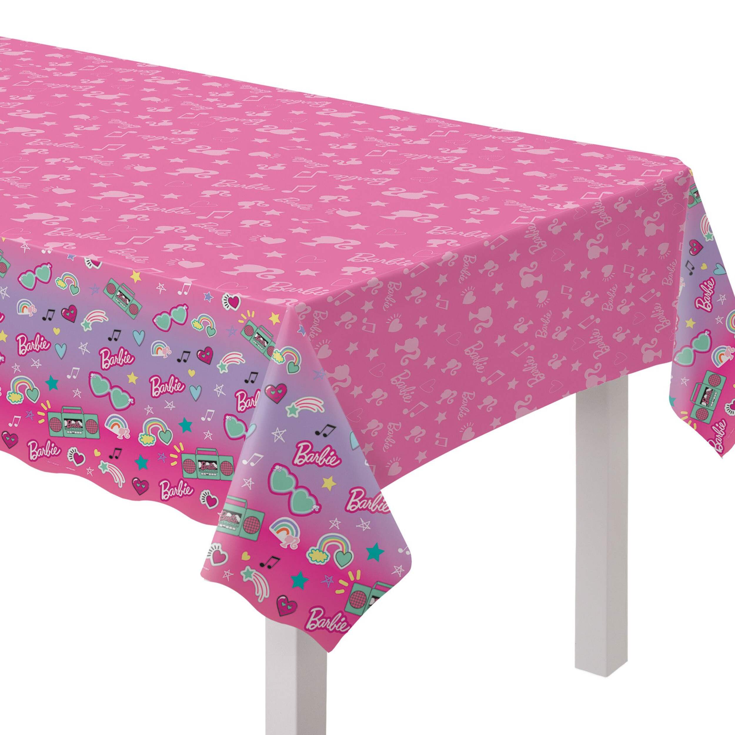 Mattel Barbie Rectangle Plastic Reusable Table Cover, Pink, 54x96-in, for Birthday Party CloseUp