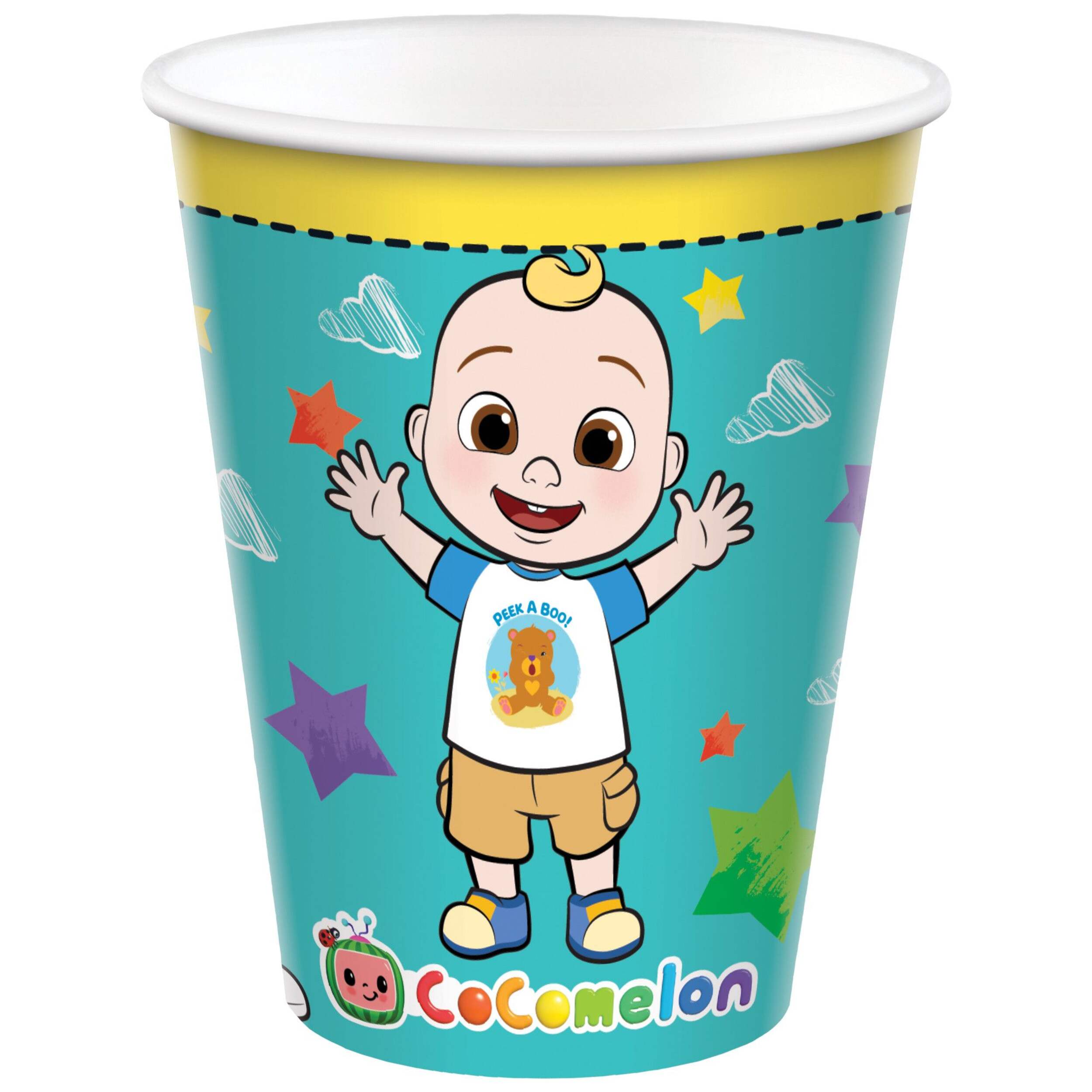Cocomelon Paper Disposable Cups, Blue/Yellow, 9-oz, 8-pk, for Birthday Party Front_Flat