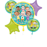 Cocomelon Yoyo/Cody/Cece/Bella  Star/Round Satin Foil Balloon Bouquet, Blue/Purple/Green, 5-pk, Helium Inflation & Ribbon Included for Birthday Party Front_Flat
