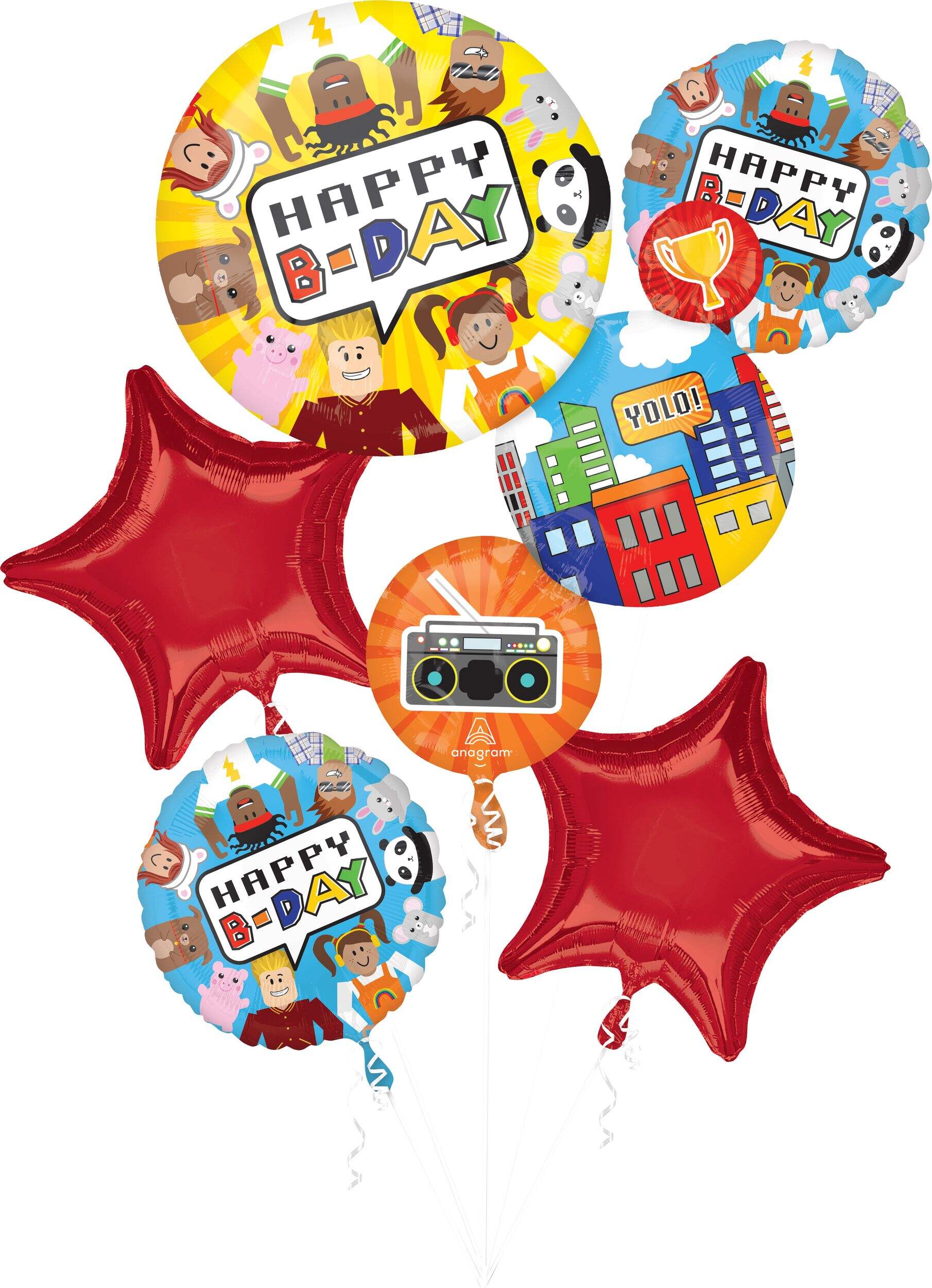 Party Town 'Happy B-Day' Star/Round Satin Foil Birthday Balloon Bouquet, Red/Yellow/Blue, 7-pk, Helium Inflation & Ribbon Included for Birthday Party Front_Flat