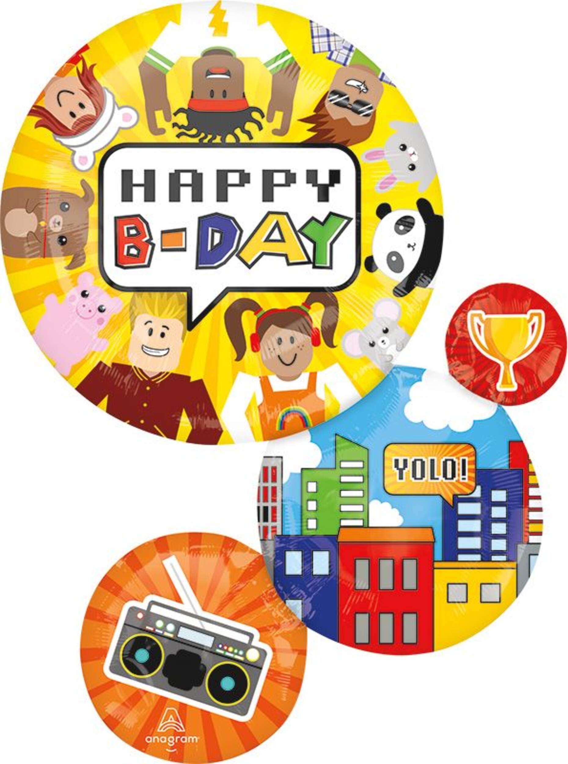 Party Town 'Happy B-Day' Round Satin Stacked Foil Balloon, Yellow/Orange, 29-in, Helium Inflated Birthday Balloon & Ribbon Included for Birthday Party Front_Flat