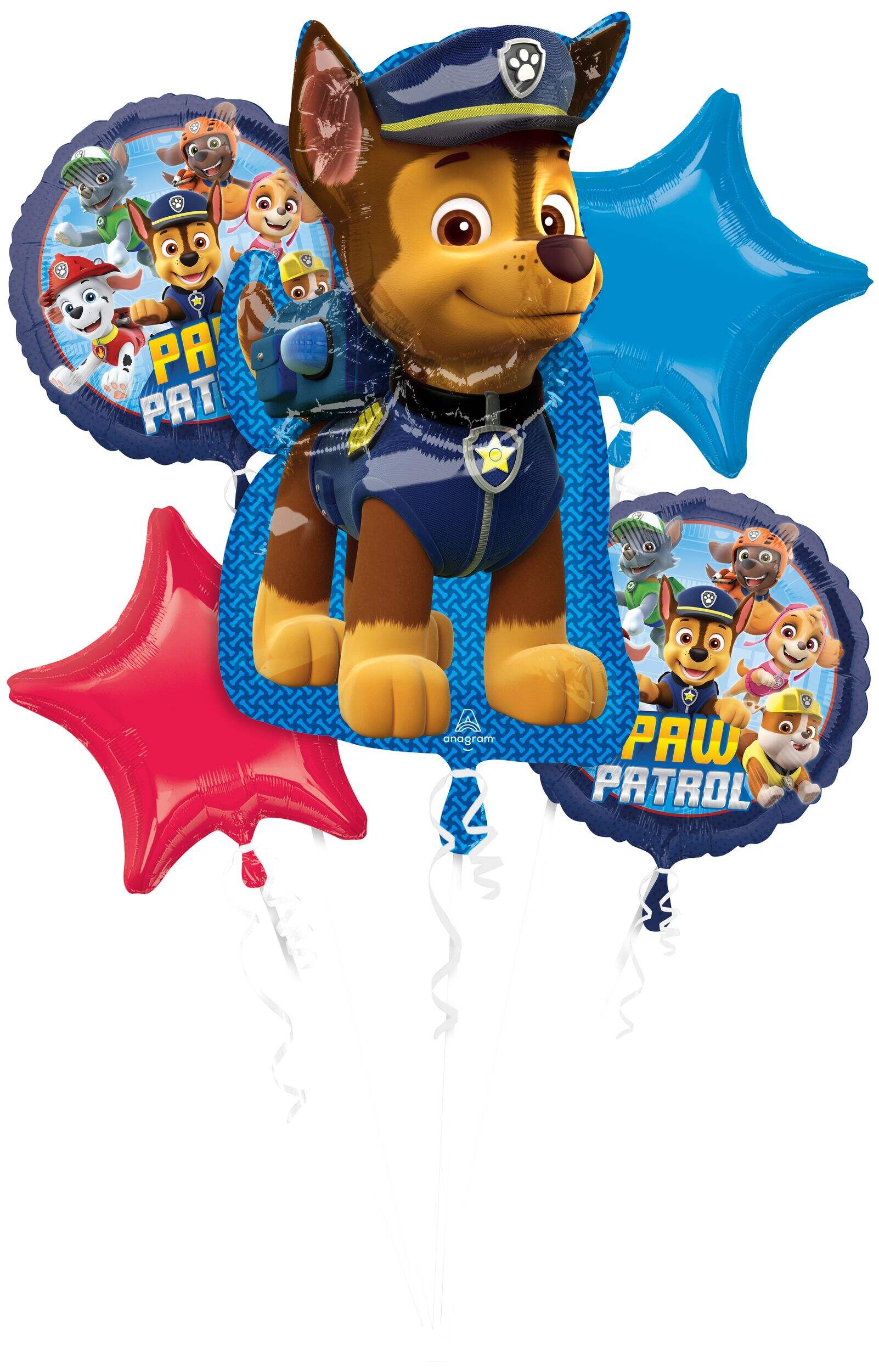 Bouquets de ballons en aluminium satiné chien/étoile Nichelodeon Pat'Patrouille Chase, bleu/rouge, paq. 5, gonflement à l'hélium et ruban inclus, pour fête d'anniversaire Composite_or_Mixed