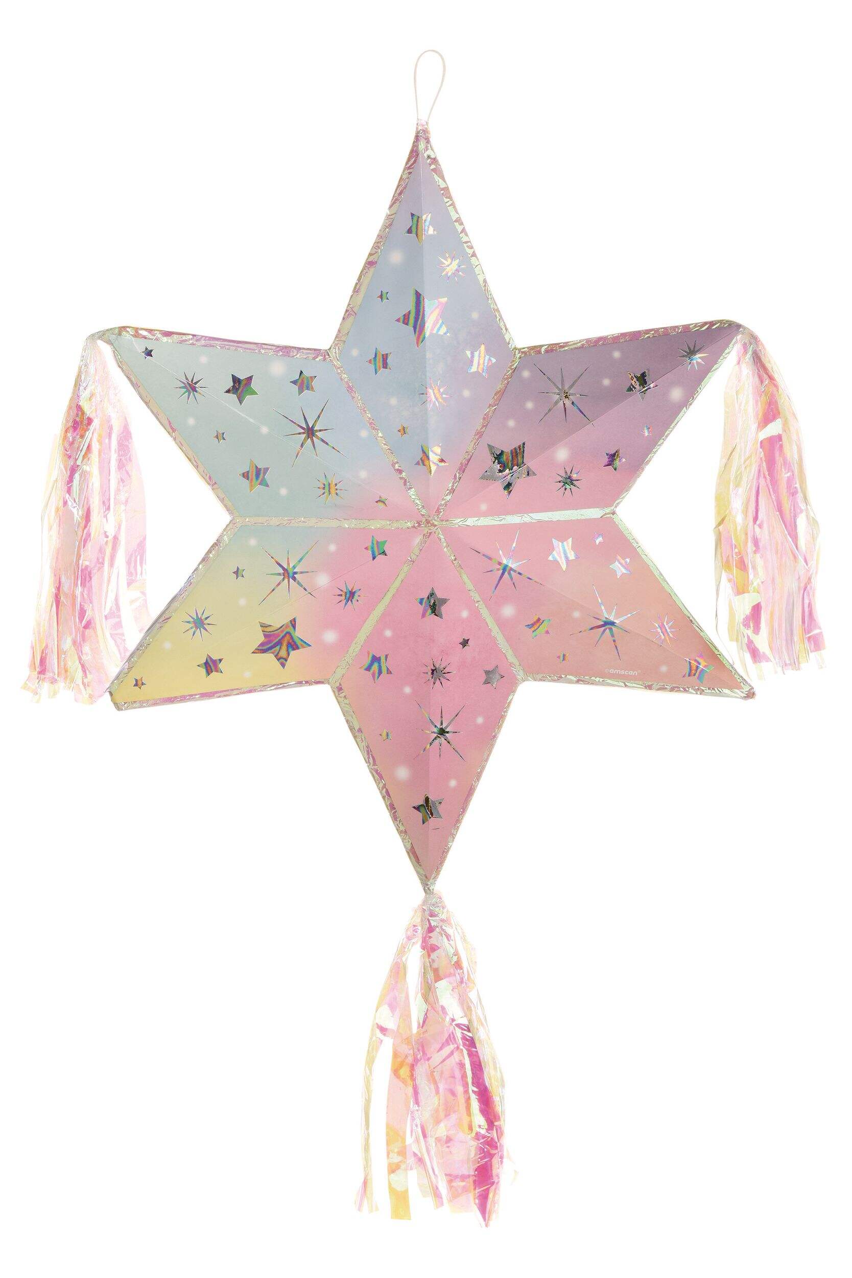 Luminous Six-Pointed Star Pinata Hanging Pull String Decoration, Iridescent Pink/Blue, 19.5-in, Holds 2lb of Pinata Filler, for Birthday Parties Front_Flat