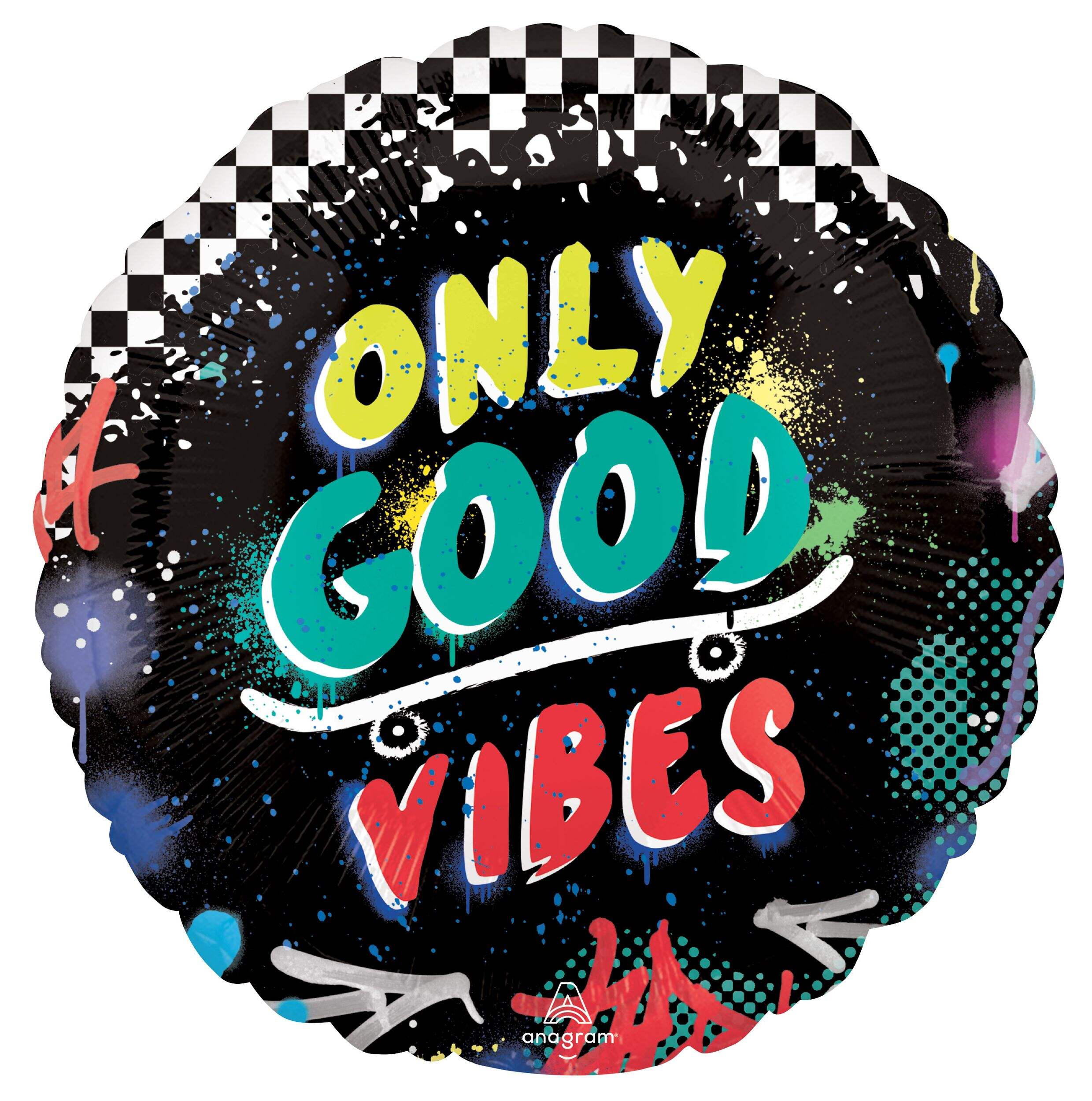 Skater Party "Happy B-Day" Round Satin Foil Balloon, Black, 18-in, Helium Inflation & Ribbon Included for Birthday Party Front_Flat