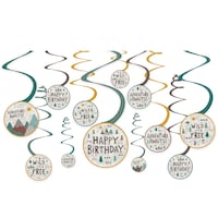 Wilderness "Happy Birthday" Swirl Hanging Decorations, Green/Yellow, 10-in, 12-pk, for Birthday Party Front_Flat