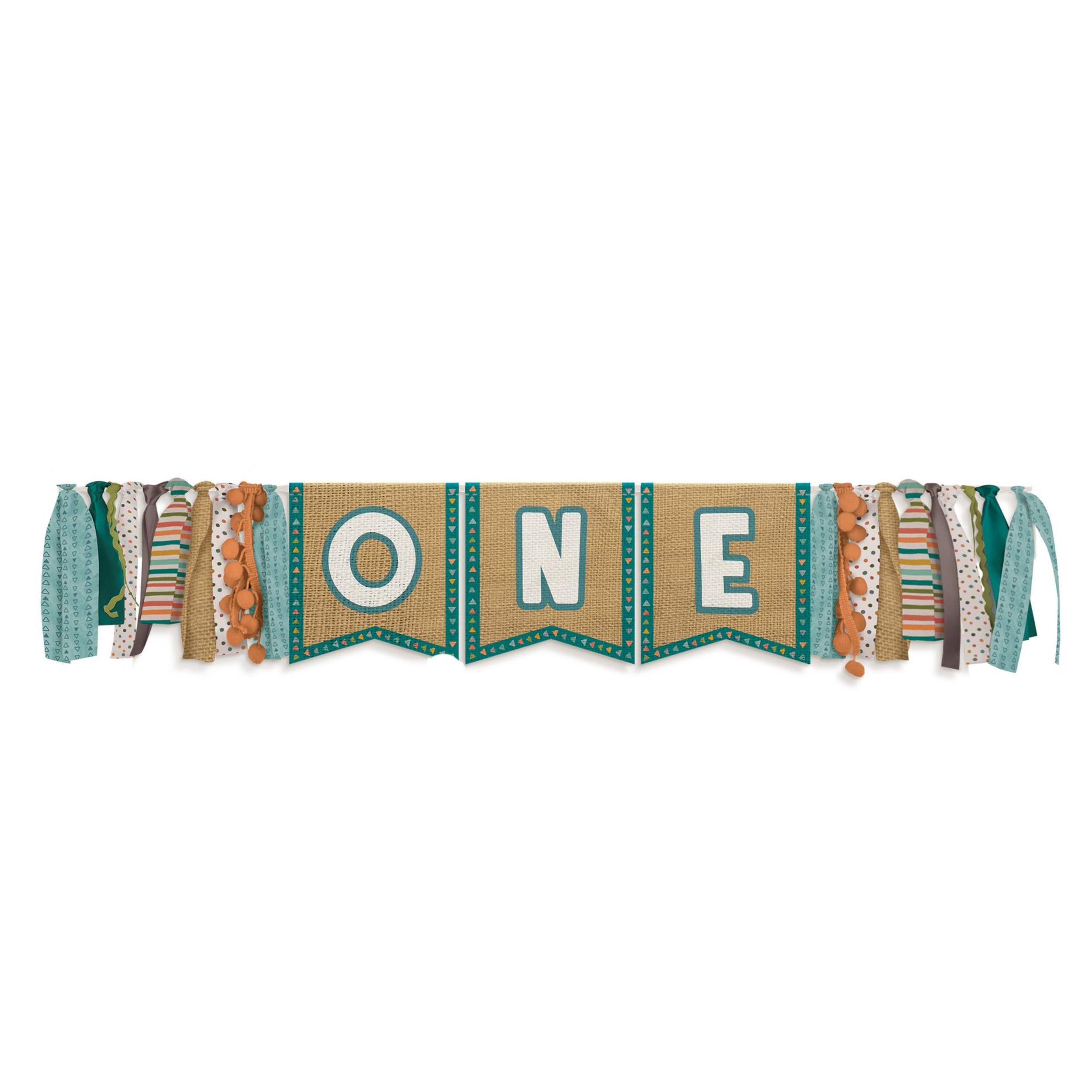 Wilderness "One" High Chair Hanging Sign Decoration, Teal, 38-in, for Birthday Party Front_Flat