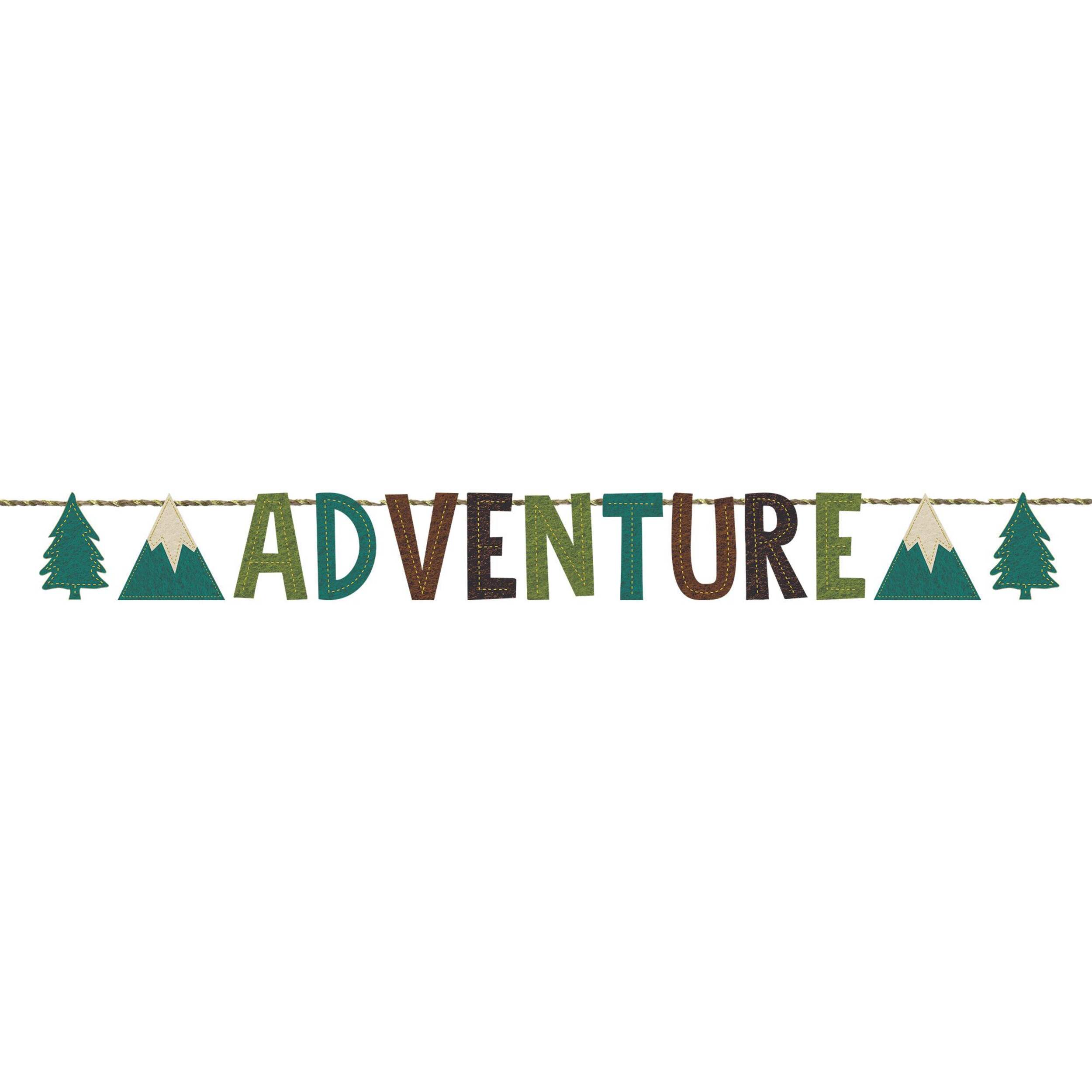 Wilderness "Adventure" Felt Hanging Garland Banner Decoration, Green, 66-in, for Birthday Party Front_Flat
