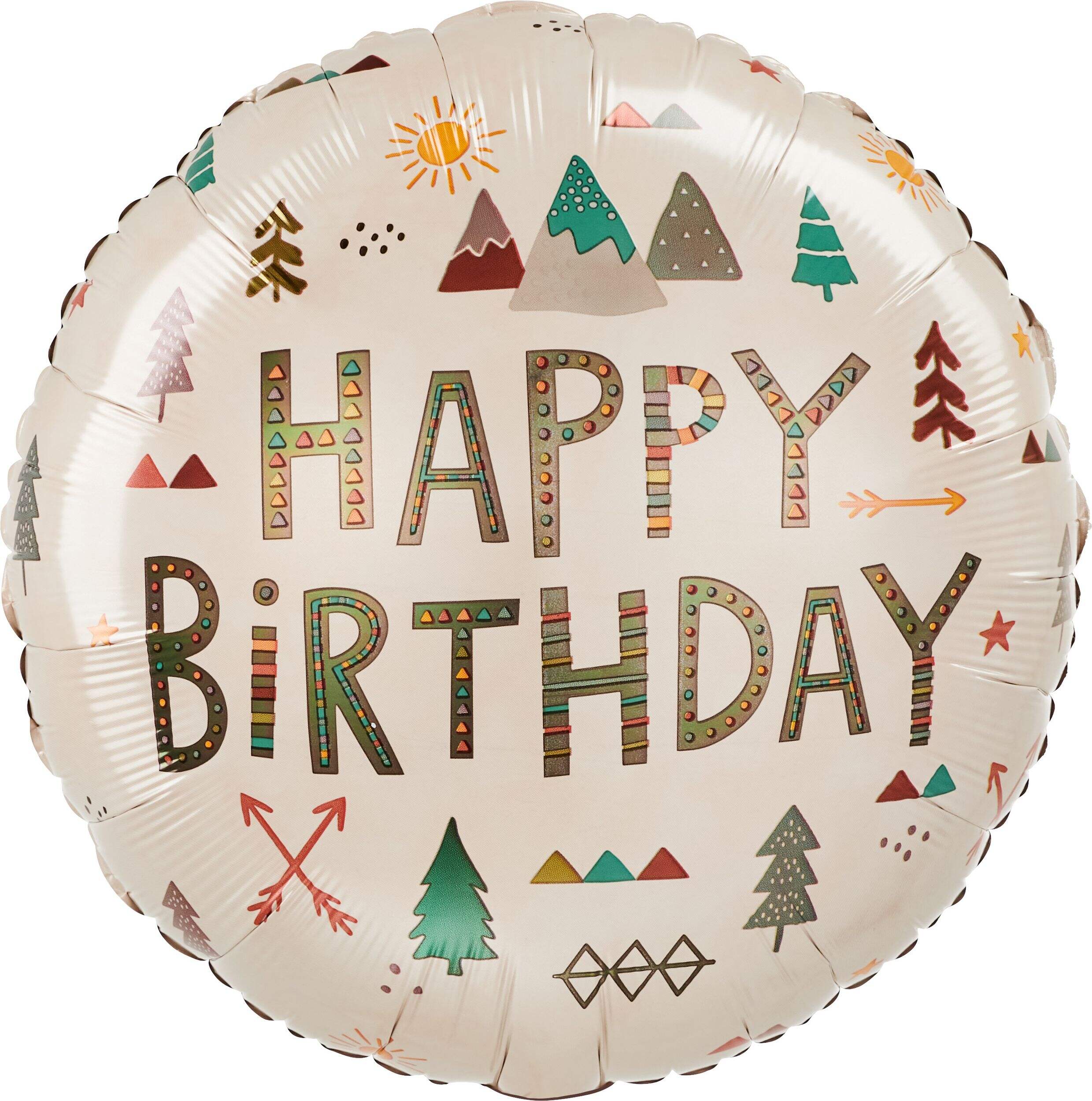 Ballon en aluminium satiné rond Wilderness Happy Birthday, beige, 18 po, gonflement à l'hélium et ruban inclus, pour fête d'anniversaire Front_Flat
