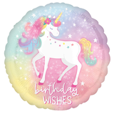 Ballon en aluminium satiné rond licorne Birthday Wishes, rose/blanc, 18 po, gonflement à l'hélium et ruban inclus, pour fête d'anniversaire Front_Flat