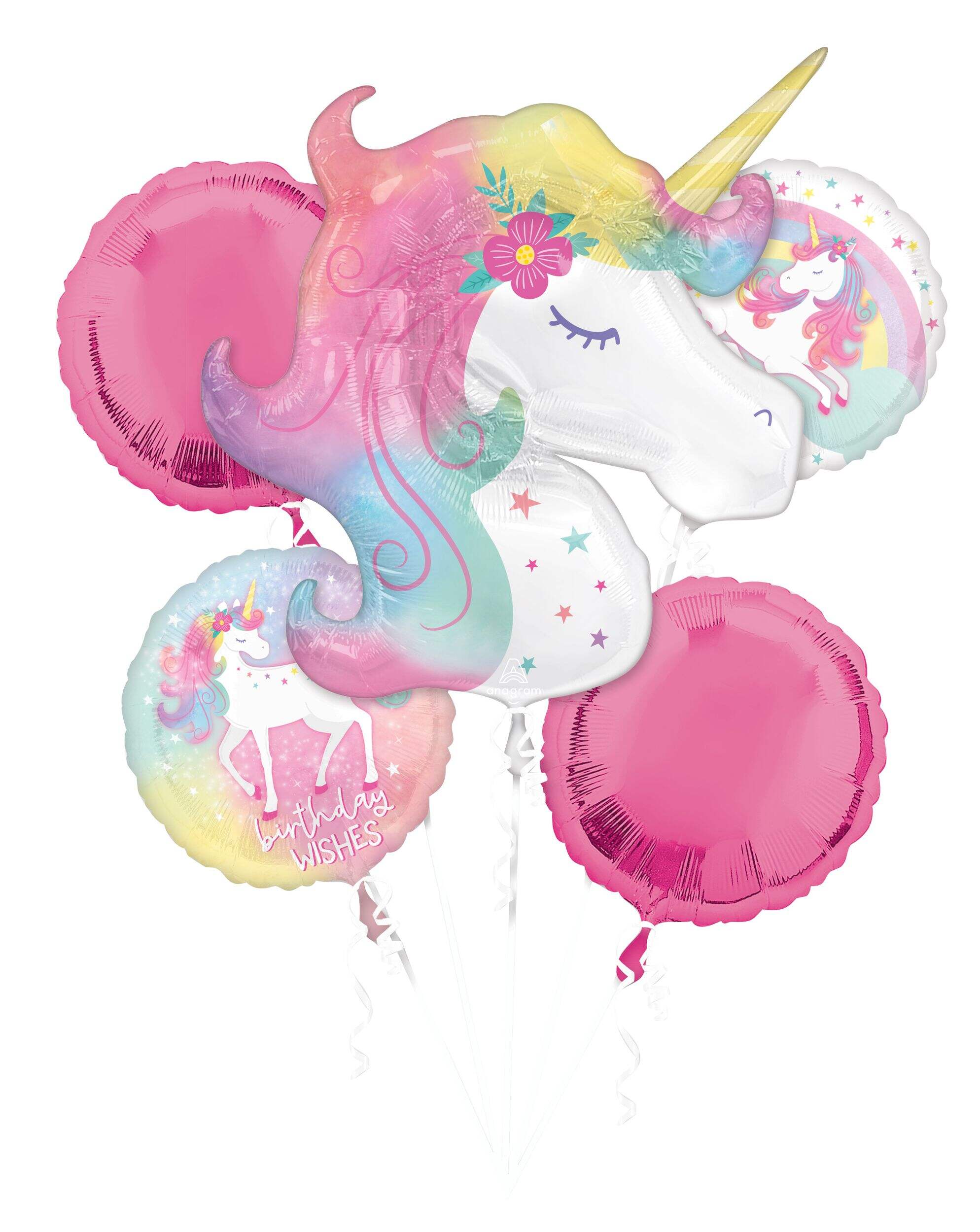 Unicorn "Birthday Wishes" Round Satin Foil Balloon Bouquet, Pink/White, 5-pk, Helium Inflation & Ribbon Included for Birthday Party Front_Flat