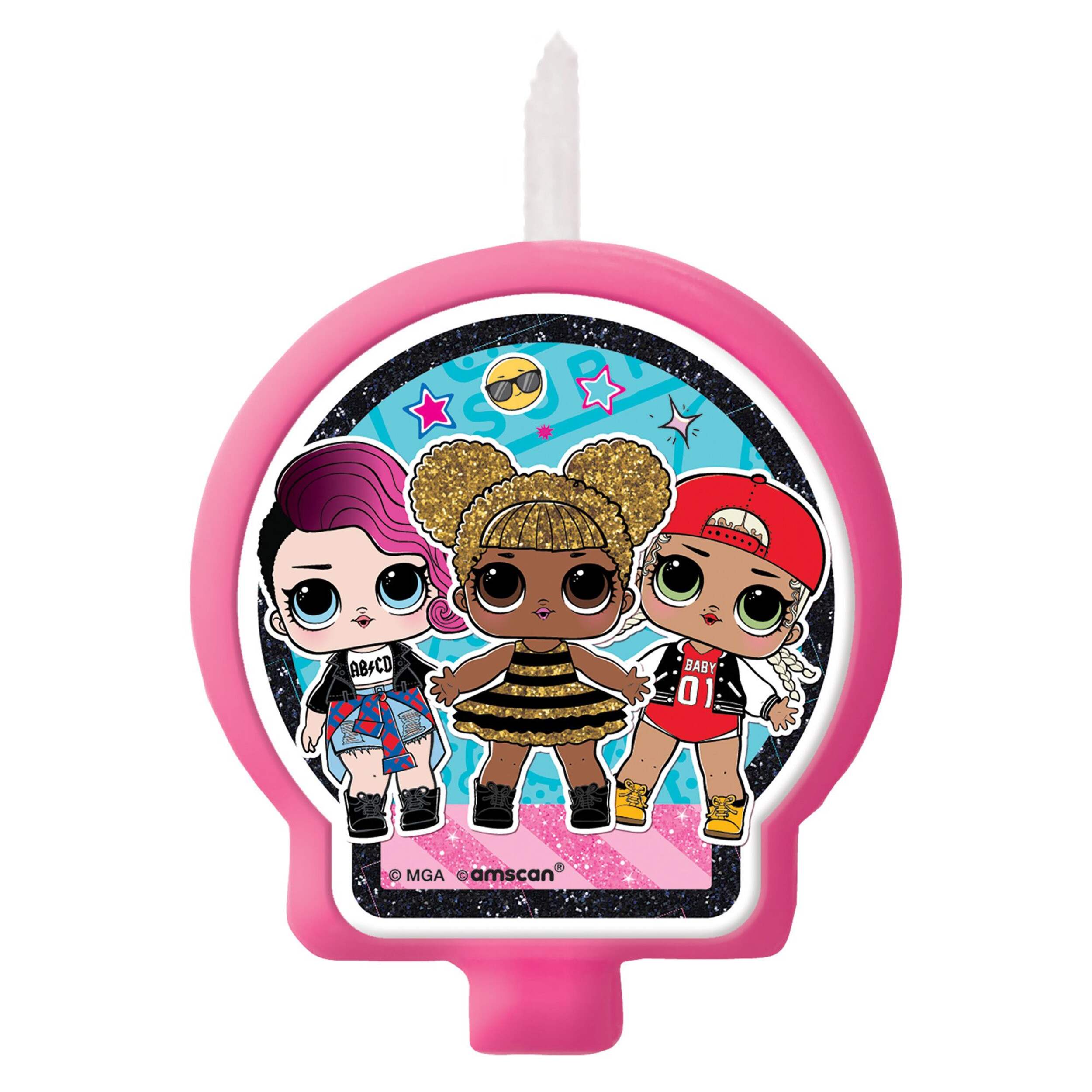 L.O.L. Surprise! Rocker/Queen Bee/MC Swag Wax Candle, Pink/Gold, 2.5-in, for Birthday Party Front_Flat