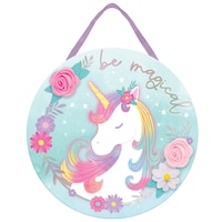 Unicorn "Be Magical" Chair Hanging Sign Decoration, Blue/Pink, 9-in, for Birthday Party Front_Flat
