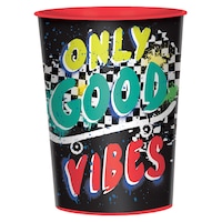 Skater Party "Only Good Vibes" Plastic Reusable Favour Cup, Black/Red, 16-oz, for Birthday Party Front_Flat