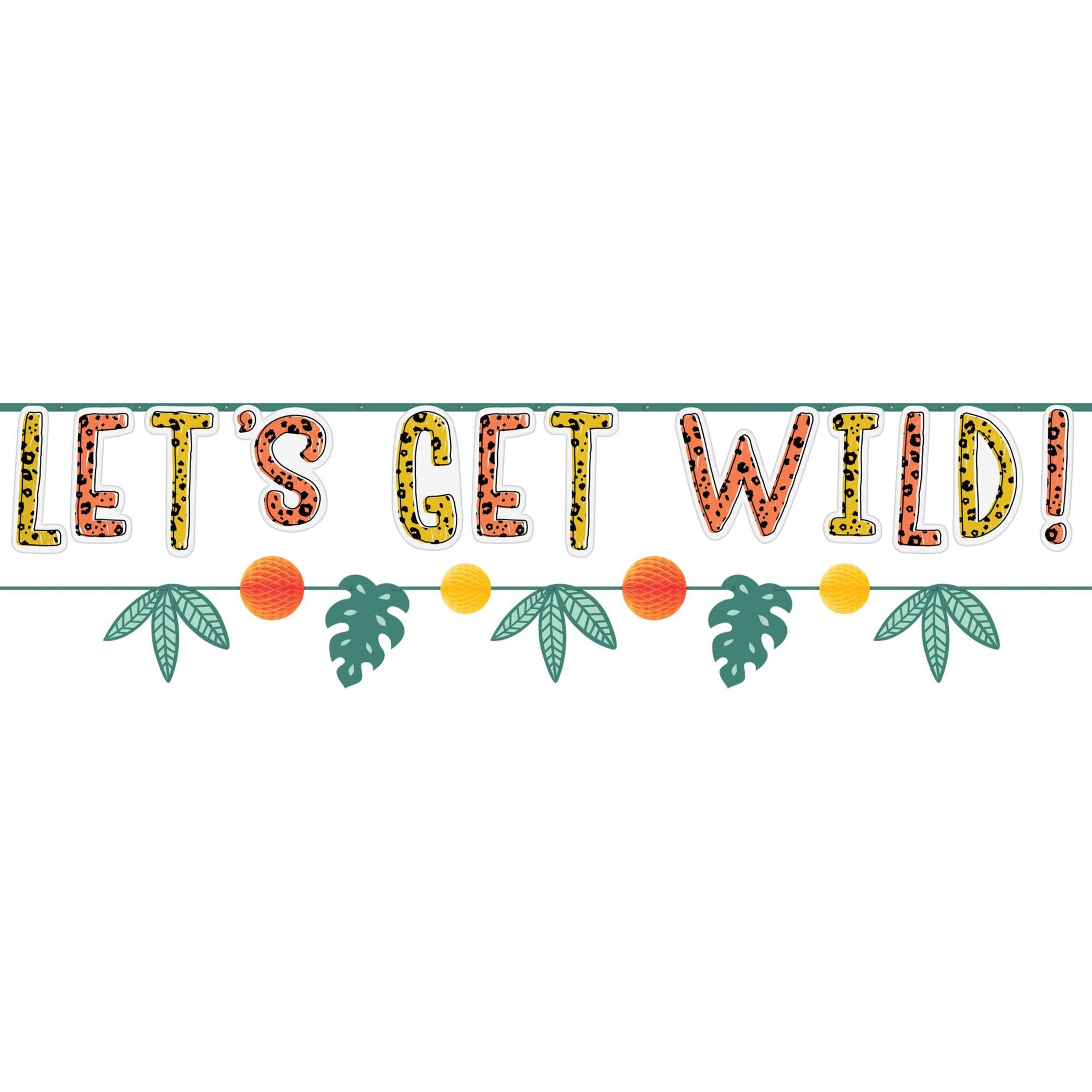 Get Wild "Let's Get Wild" Hanging Garland Banner Decoration, Orange/Green, 10.5-ft, 2-pk, for Birthday Party Front_Flat