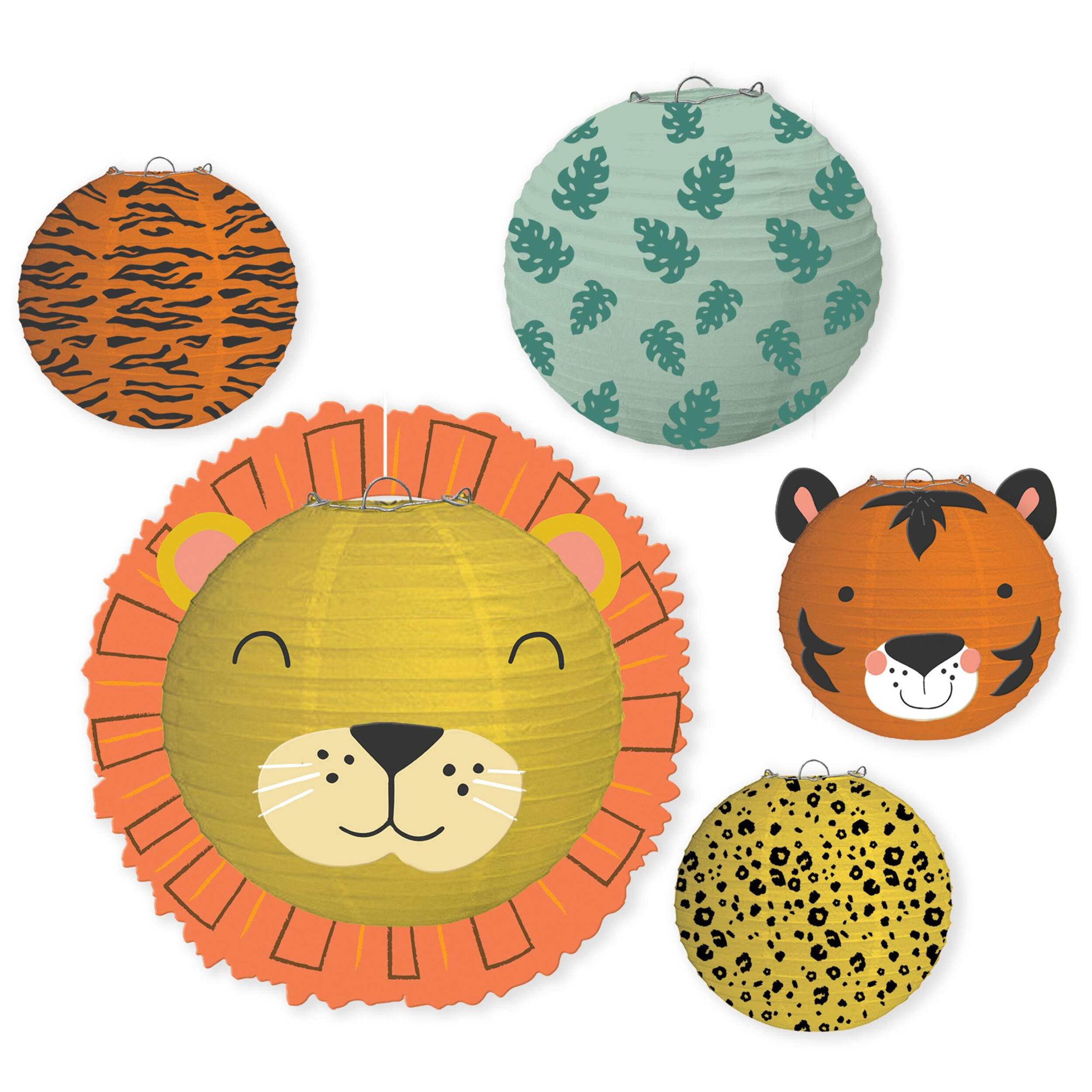 Get Wild Lion & Tiger Paper Lantern Hanging Decorations, Orange/Green, 9.5-in, 5-pk, for Birthday Party Front_Flat