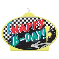 Skater Party "Happy B-day" Wax Candle, Yellow/Red/Teal, 4.5-in, for Birthday Party Front_Flat