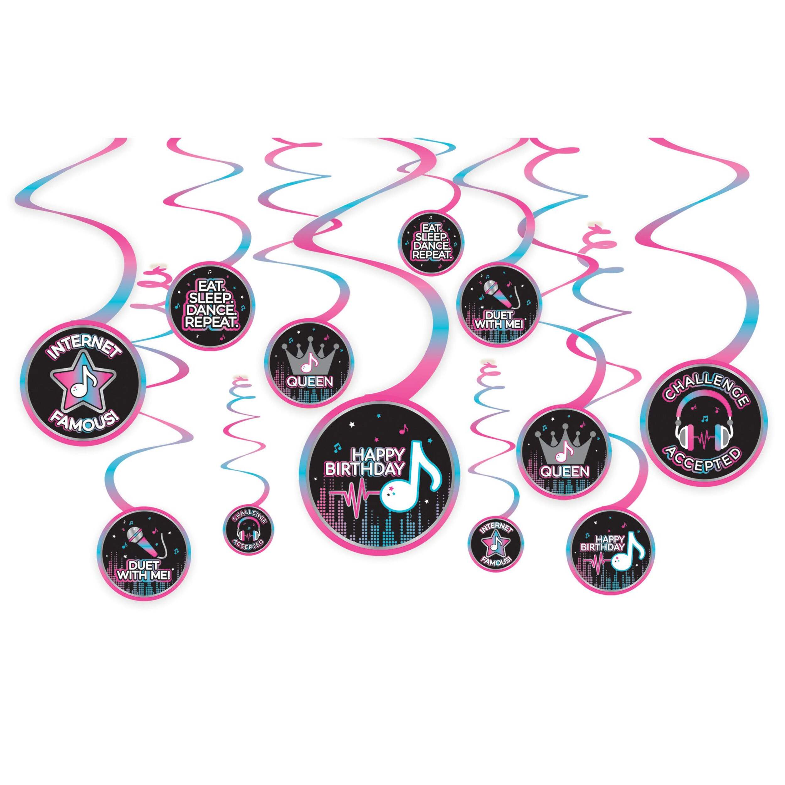 Internet Famous "Happy Birthday" Swirl Hanging Decorations, Pink/Blue/Black, 10-in, 12-pk, for Birthday Party Front_Flat