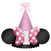Disney Minnie Mouse Glitter Cone Party Hat with Ears, Black/Pink Polka Dots, One Size, Wearable Accessory for Birthdays Front_Flat