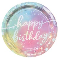 Luminious Round Paper Disposable Lunch Plates, Iridescent/Blue/Pink, 9-in, 8-pk, for Birthday Party Overhead_Flat