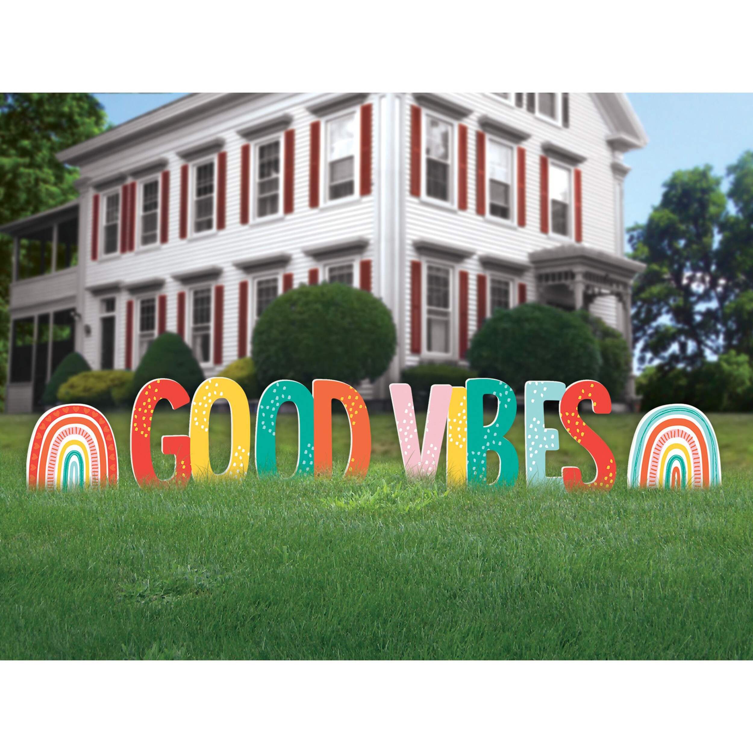 Retro Rainbow Good Vibes Plastic Letter Yard Sign Set, 18-pc Front_Flat