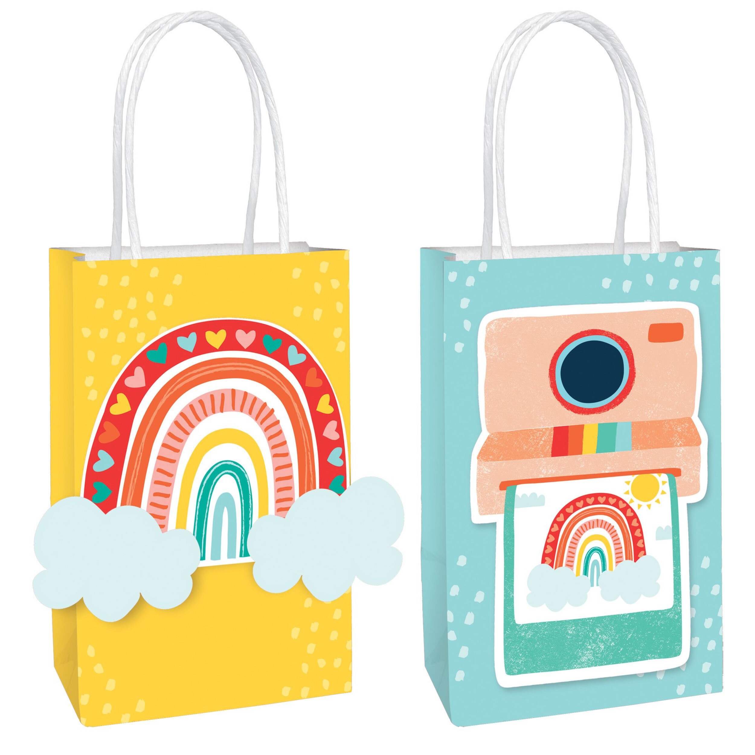 Retro Rainbow Create Your Own Customizable Paper Kraft Gift Bags, Yellow/Blue, 8-in, 8-pk, for Birthday Party Front_Angled_Right