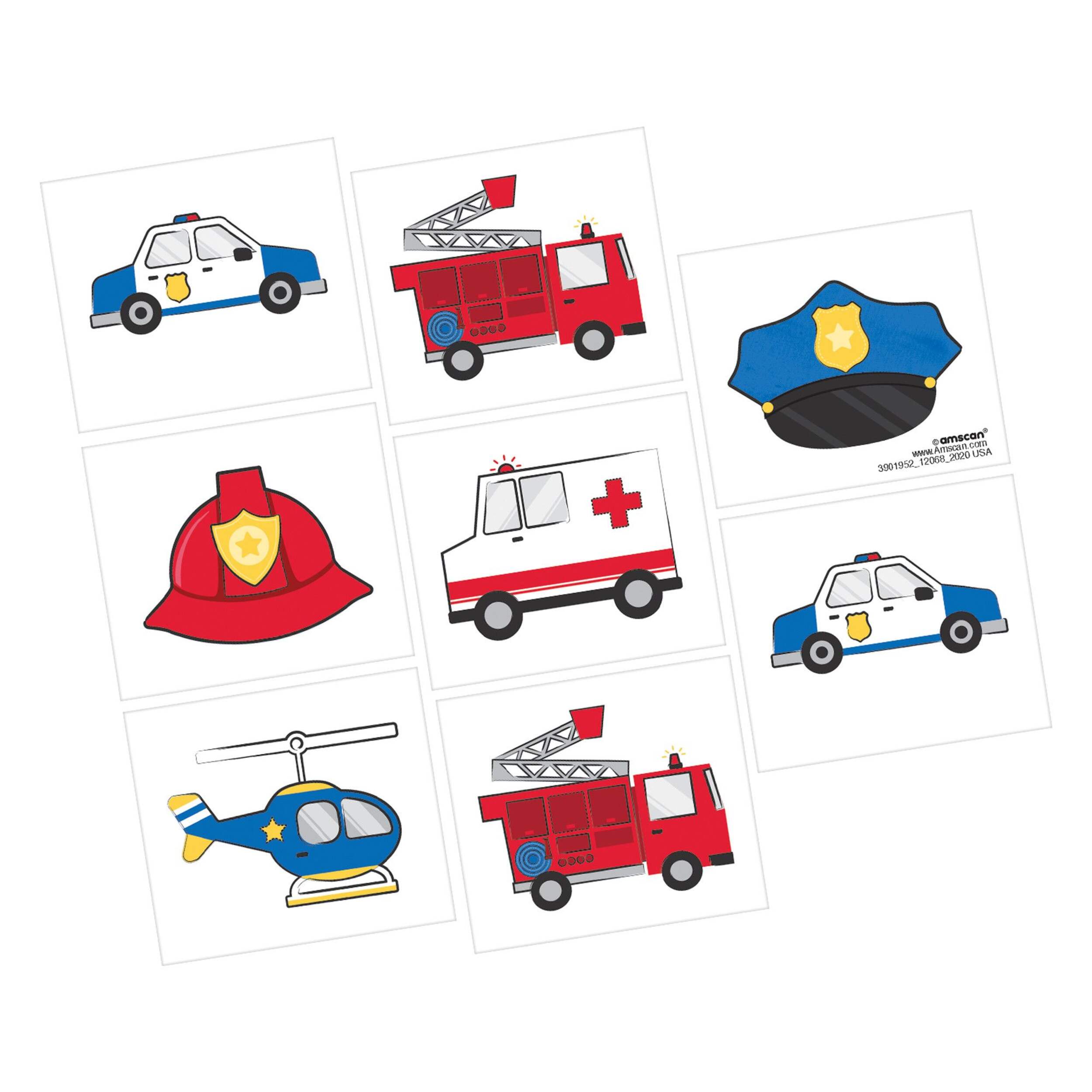 First Responders Police & Firefighter Assorted Temporary Tattoos, Blue/Red, 8-pk, Wearable Favours  for Birthdays Front_Flat