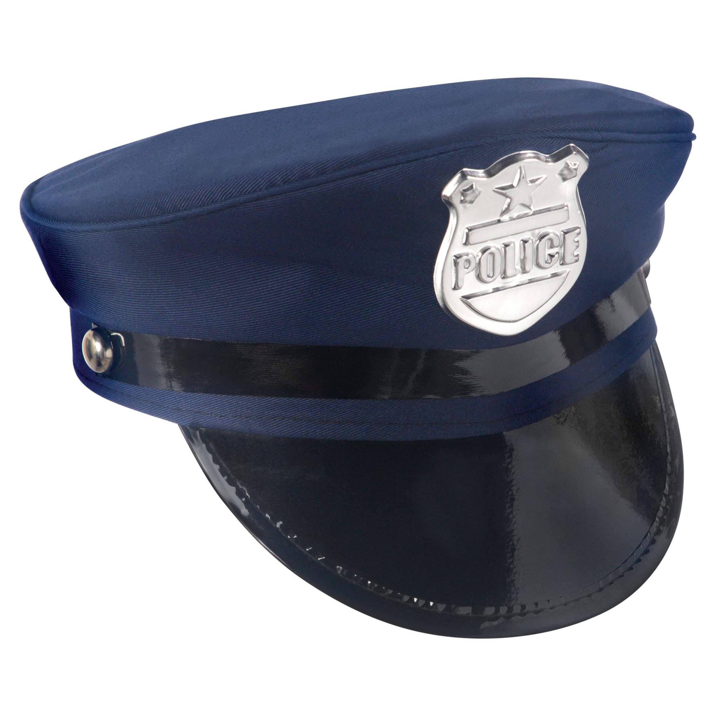 First Responders "Police" Cop Plastic Hat, Blue/Black, One Size, Wearable Accessory for Birthdays Front_Three_Fourths_Angled_Right