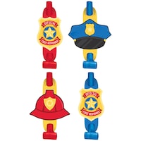 First Responders "Official" Blowout Noisemakers, Red/Blue, 5-in, 8-pk, for Birthday Party Front_Flat