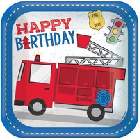 First Responders Square Paper Disposable Lunch Plates,Blue/Red, 9-in, 8-pk, for Birthday Party Overhead_Flat