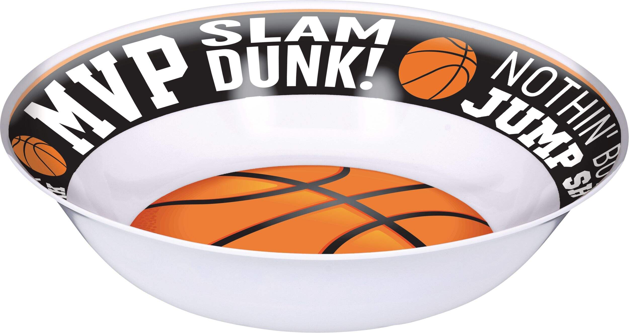 Basketball "Slam Dunk" Round Plastic Reusable Serving Bowl, White/Orange, 13-in, for Sports Party Front_Elevated